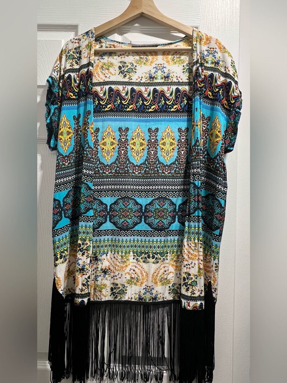 Signature8 Turquoise Multicolor Boho Fringe Kimono Tunic